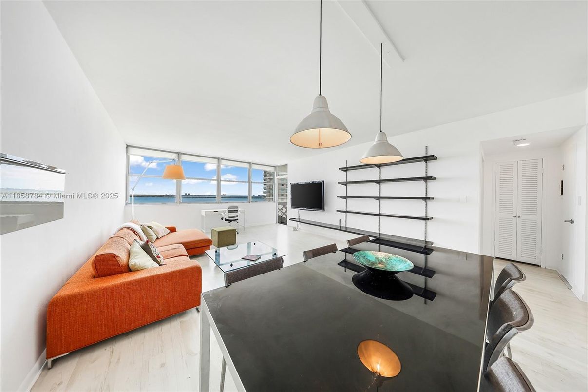Dining room, Interior, Living room, Pendant Lights, Water, Wood Texture Flooring