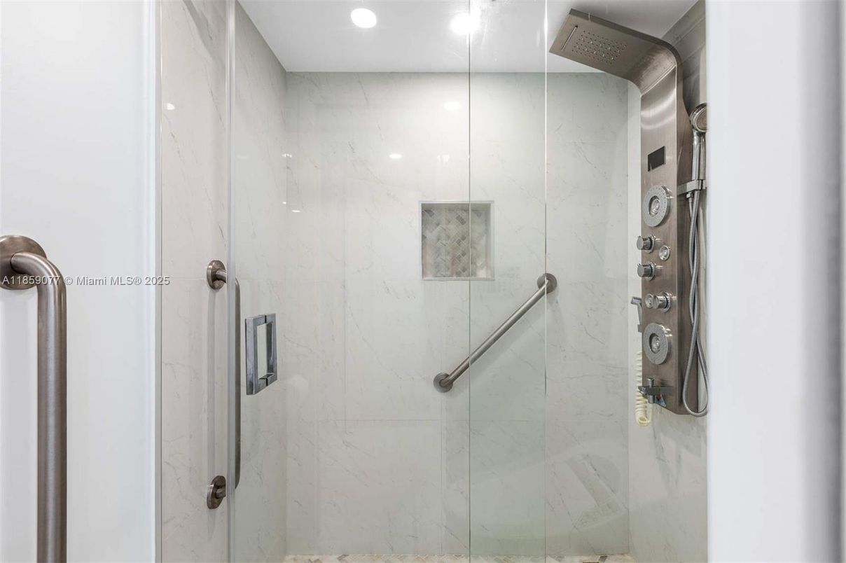 Bathroom, Glass Shower, Interior, Marble Walls, Recessed Lighting