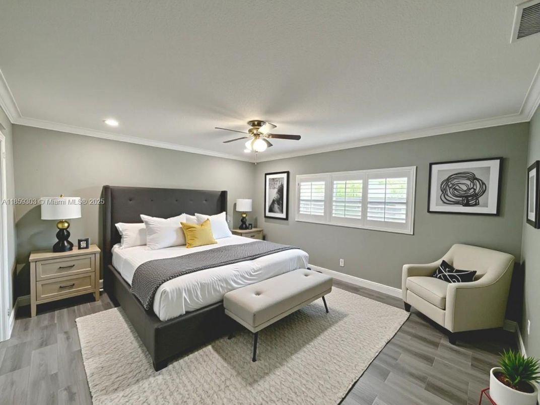 Bedroom, Interior, Recessed Lighting, Wood Texture Flooring