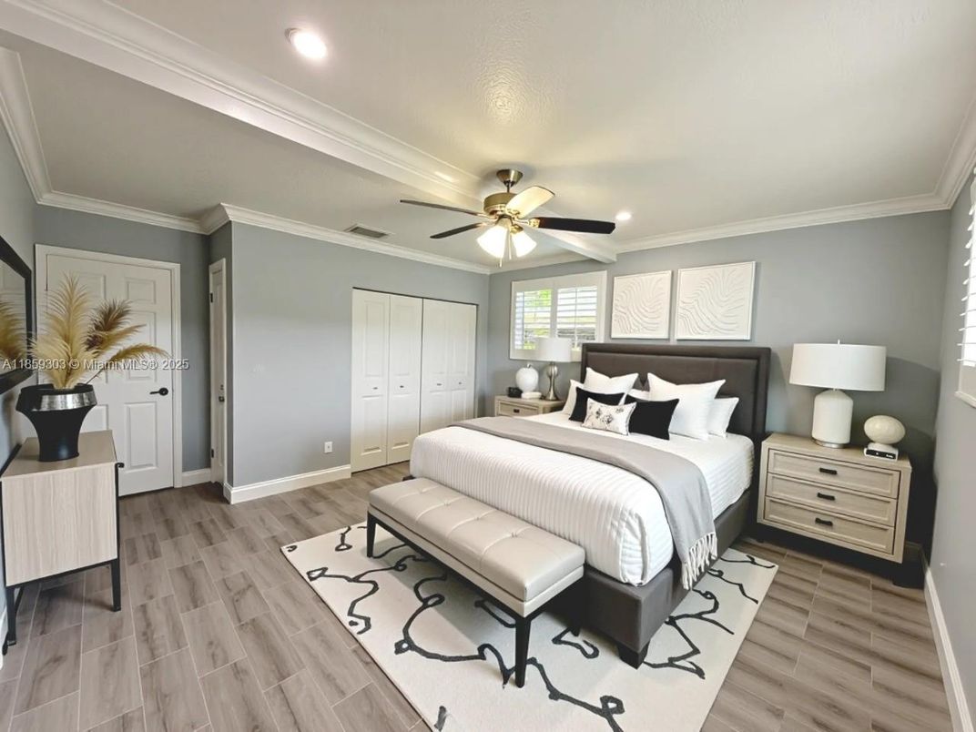 Bedroom, Interior, Recessed Lighting, Wood Texture Flooring
