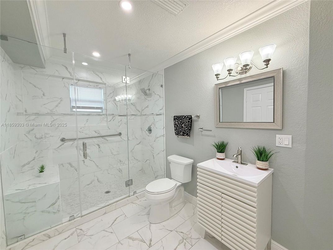 Bathroom, Glass Shower, Interior, Marble, Marble Walls, Recessed Lighting