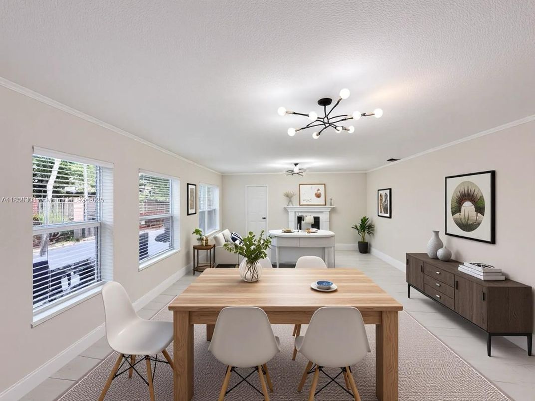 Dining room, Fireplace, Interior, Pendant Lights
