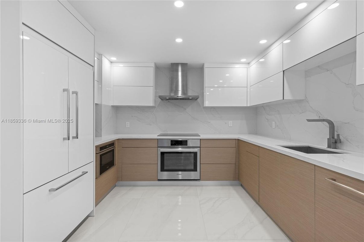 Interior, Kitchen, Marble, Marble Walls, Recessed Lighting, Stainless Steel Appliances