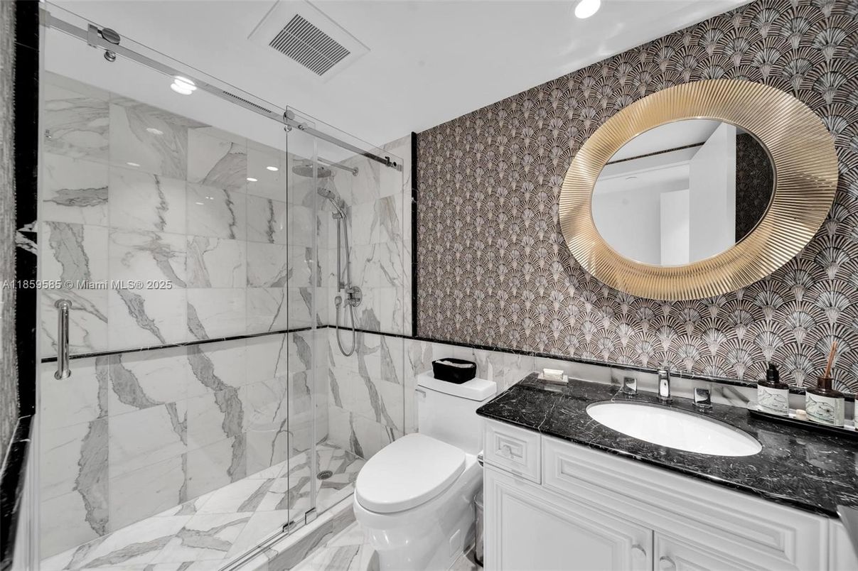 Bathroom, Glass Shower, Interior, Marble Walls, Recessed Lighting