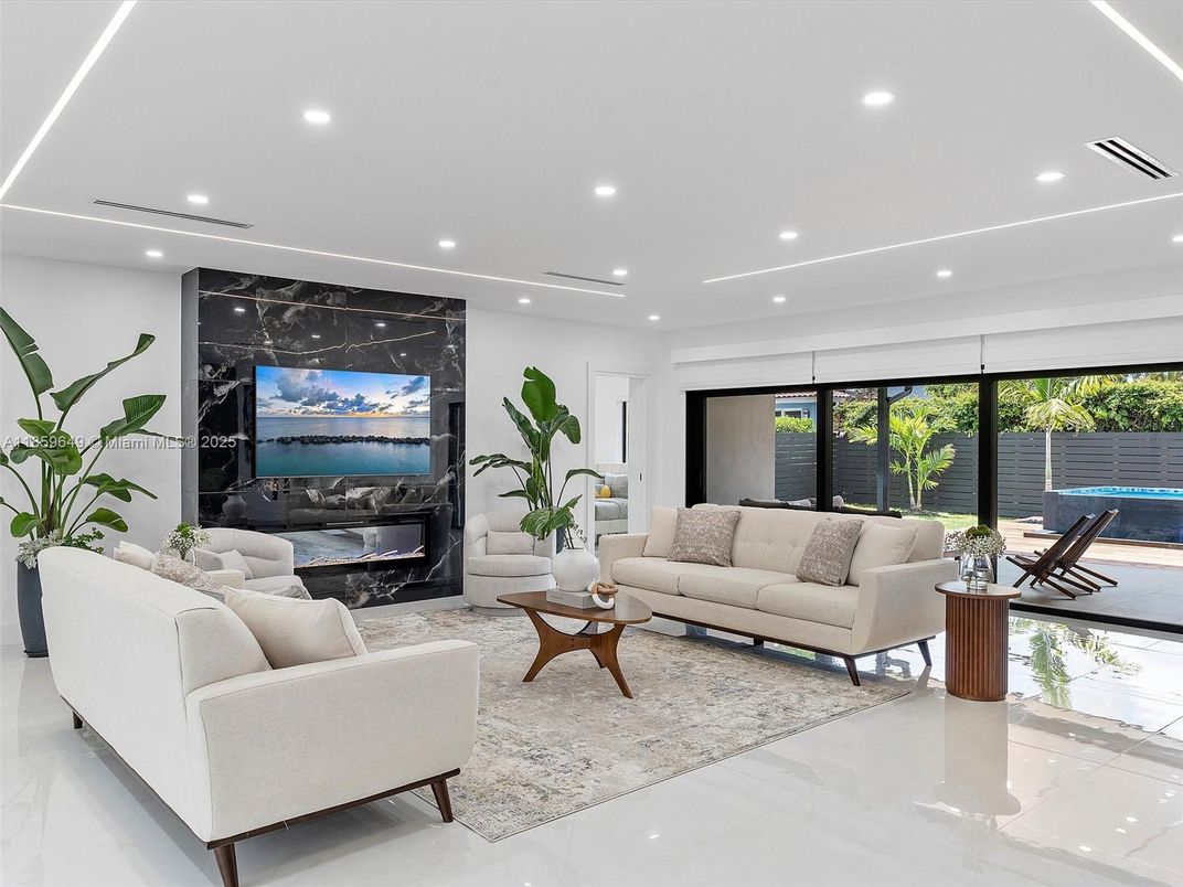 Fireplace, Interior, Living room, Marble Walls, Recessed Lighting