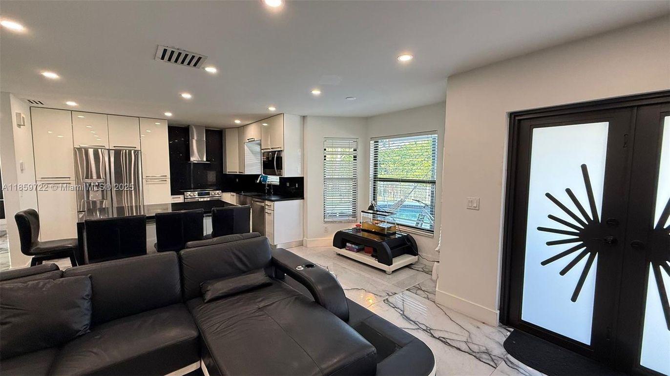 Interior, Kitchen, Living room, Marble, Recessed Lighting, Stainless Steel Appliances