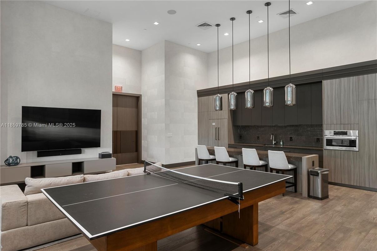 Game Room, Interior, Kitchen, Pendant Lights, Recessed Lighting, Wood Texture Flooring