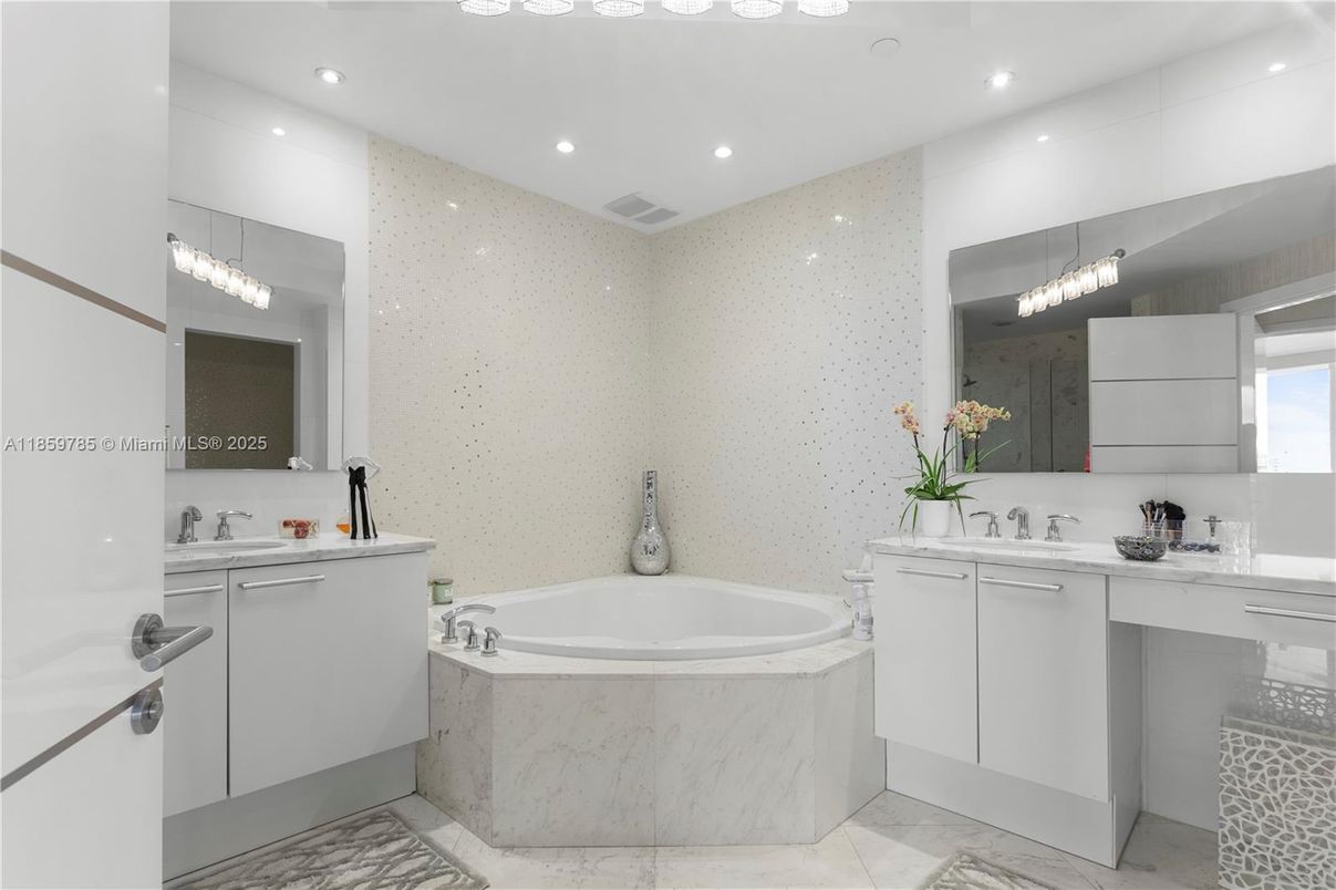 Bathroom, Dual Sink Vanities, Interior, Marble, Recessed Lighting