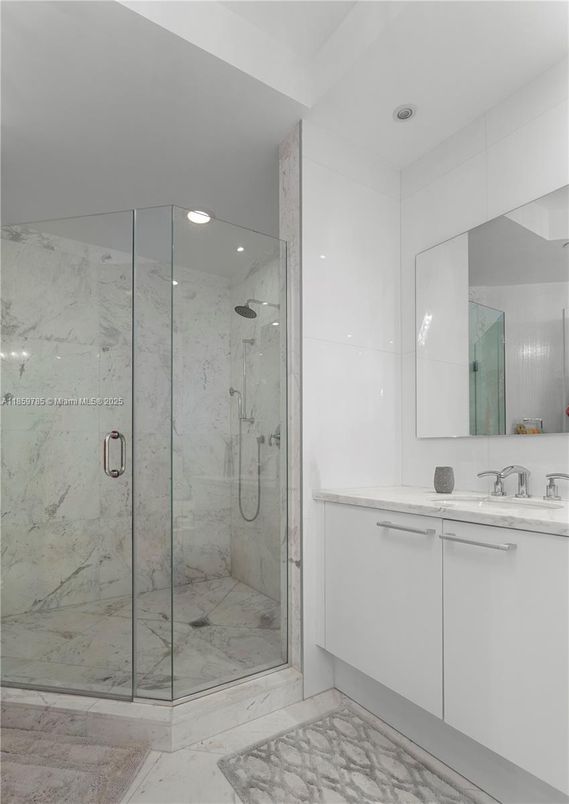Bathroom, Glass Shower, Interior, Marble, Marble Walls, Recessed Lighting