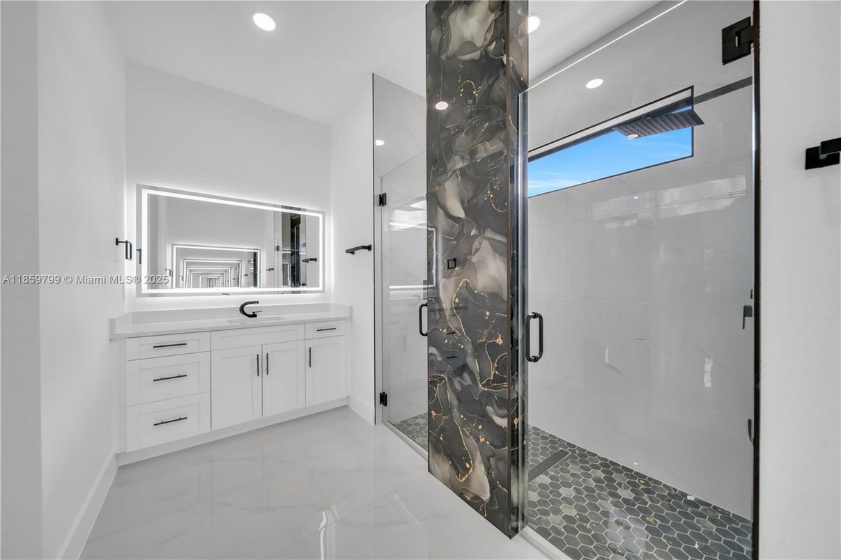 Bathroom, Glass Shower, Interior, Marble, Recessed Lighting