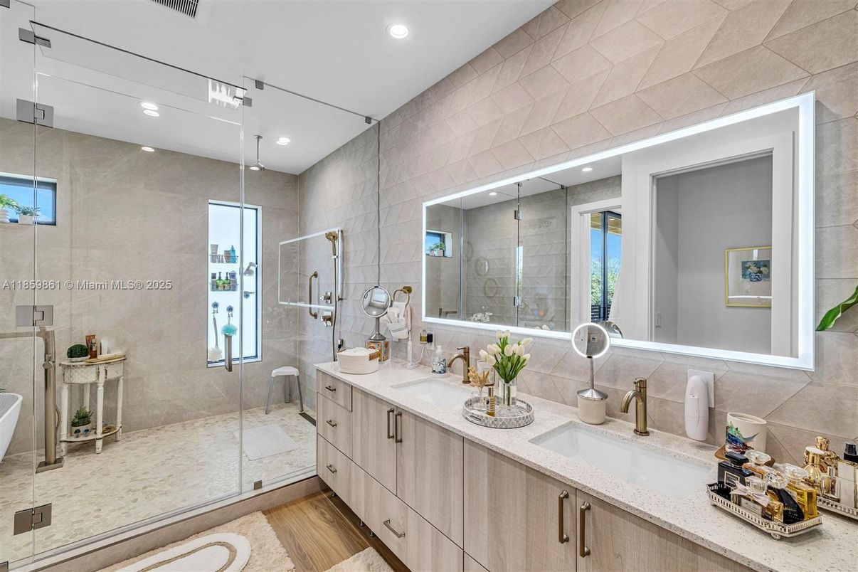 Bathroom, Dual Sink Vanities, Glass Shower, Interior, Recessed Lighting, Wood Texture Flooring