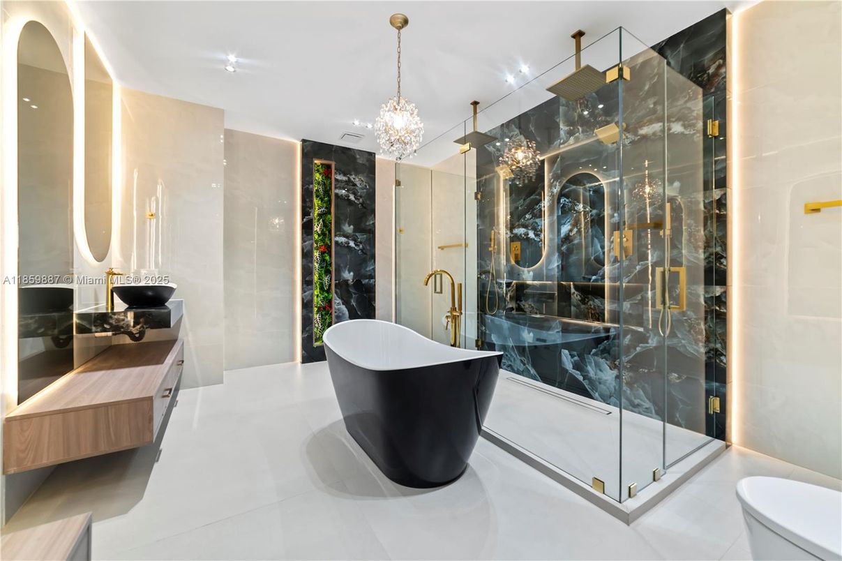 Bathroom, Chandelier, Free Standing Baths, Glass Shower, Interior, Recessed Lighting