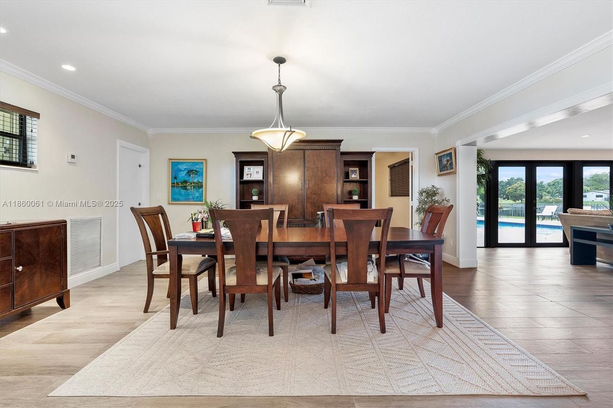 Dining room, Interior, Pendant Lights, Recessed Lighting, Wood Texture Flooring