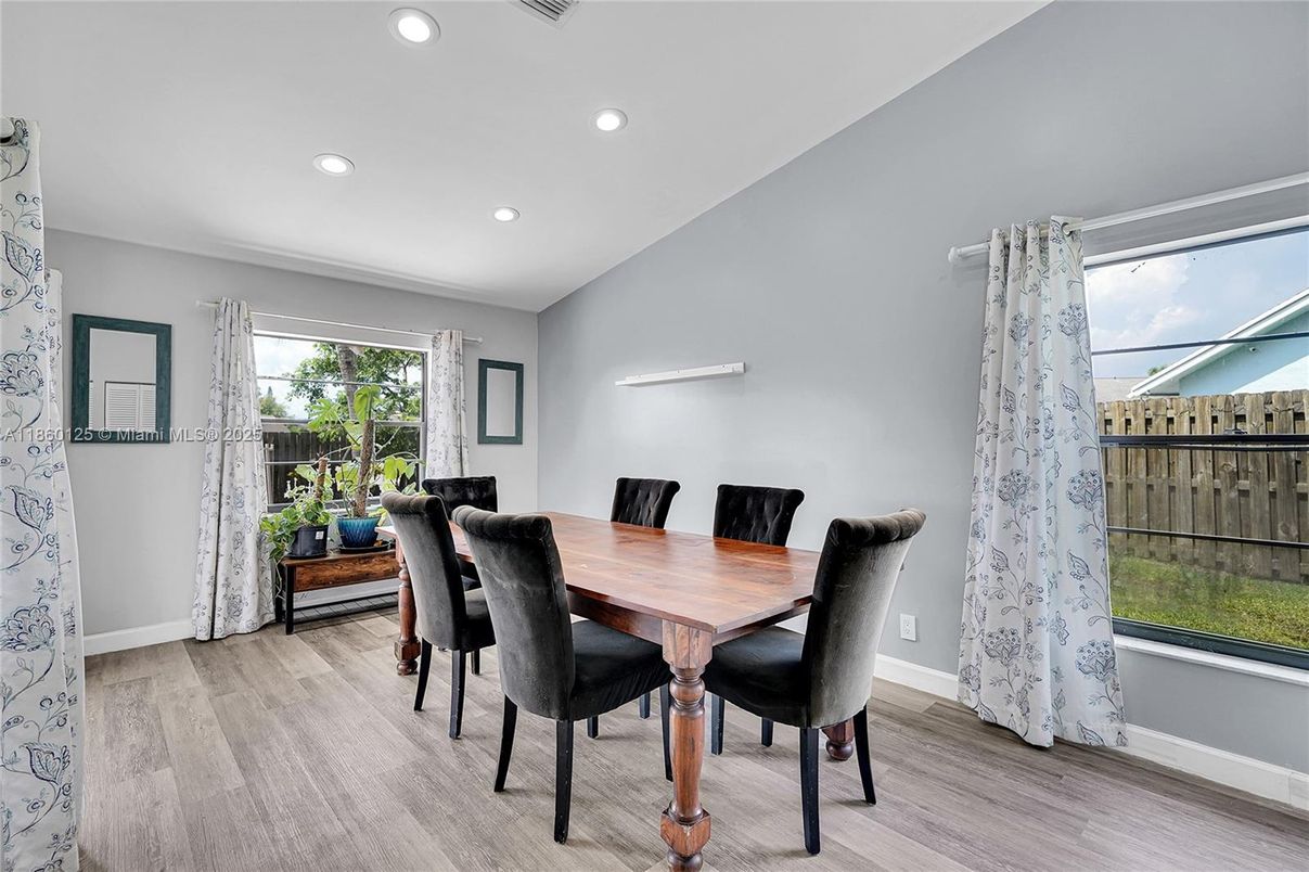 Dining room, Interior, Recessed Lighting, Wood Texture Flooring