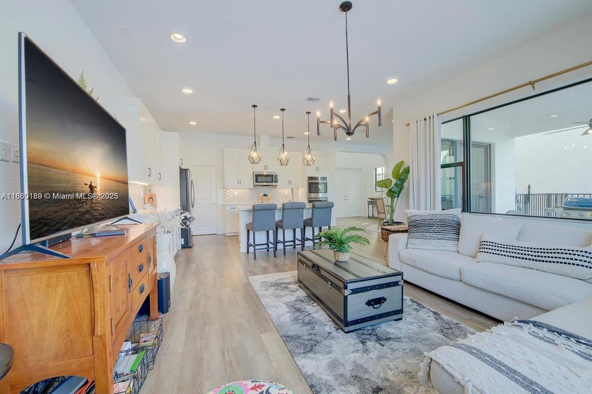 Interior, Kitchen, Living room, Pendant Lights, Recessed Lighting, Stainless Steel Appliances, Wood Texture Flooring