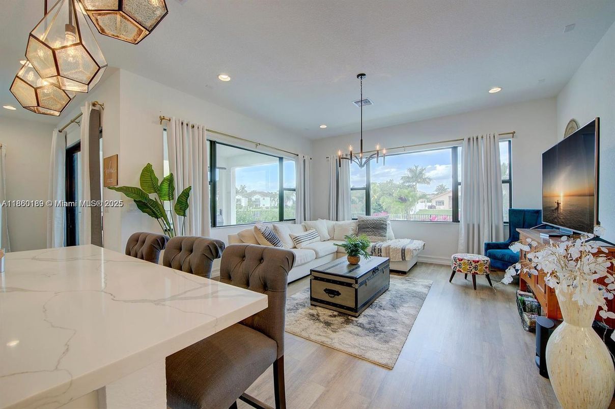 Dining room, Interior, Living room, Pendant Lights, Recessed Lighting, Wood Texture Flooring