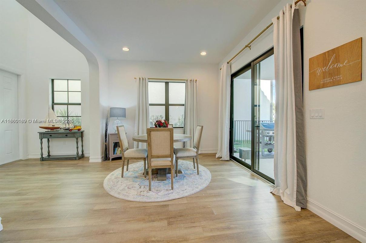 Dining room, Interior, Recessed Lighting, Wood Texture Flooring