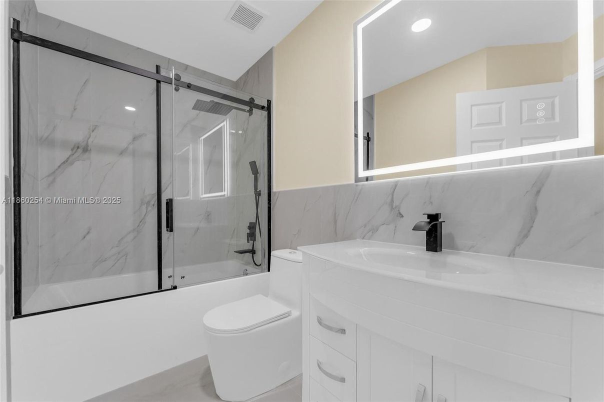 Bathroom, Glass Shower, Interior, Marble Walls, Recessed Lighting