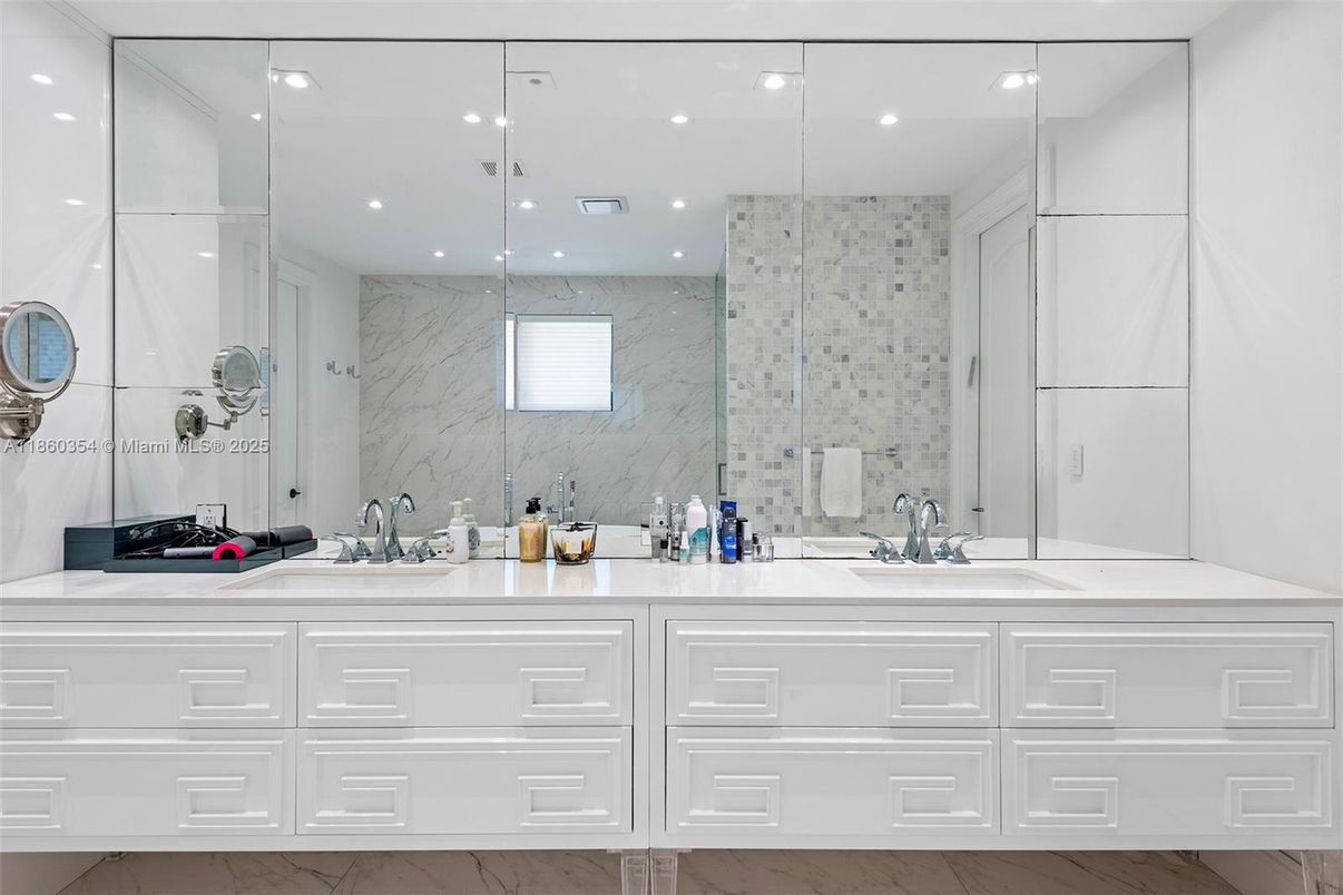 Bathroom, Dual Sink Vanities, Glass Shower, Interior, Marble, Marble Walls, Recessed Lighting