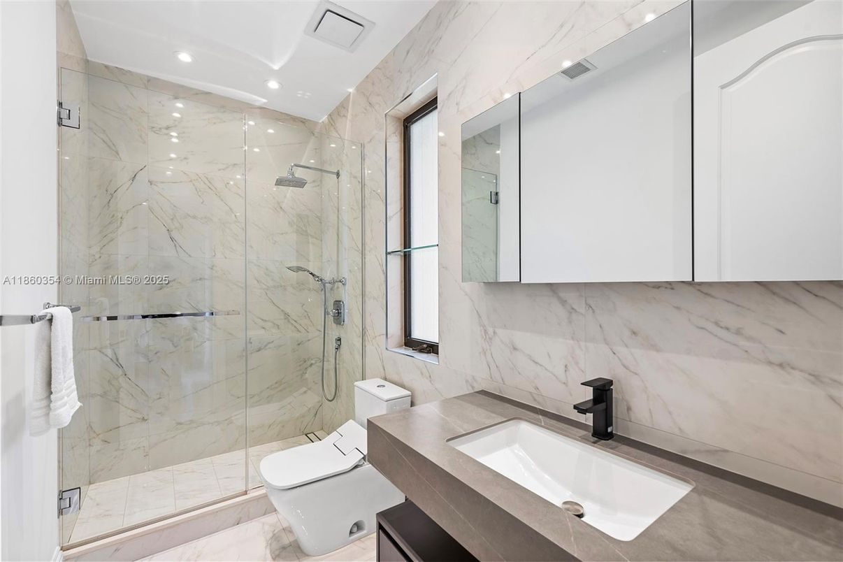 Bathroom, Glass Shower, Interior, Marble, Marble Walls, Recessed Lighting