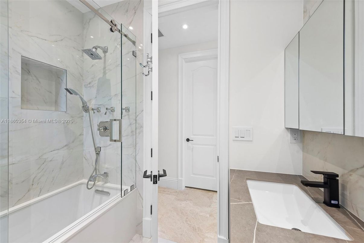 Bathroom, Glass Shower, Interior, Marble Walls, Recessed Lighting