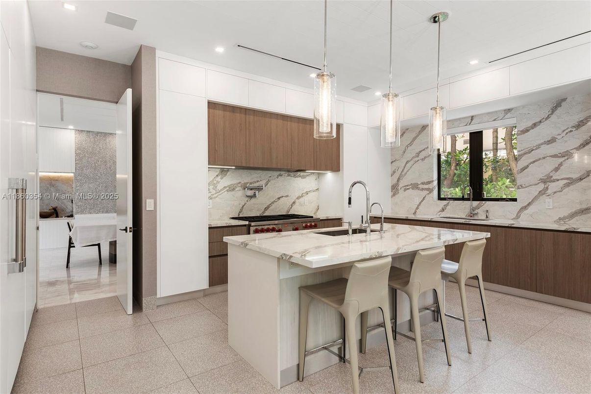 Interior, Kitchen, Marble Walls, Pendant Lights, Recessed Lighting