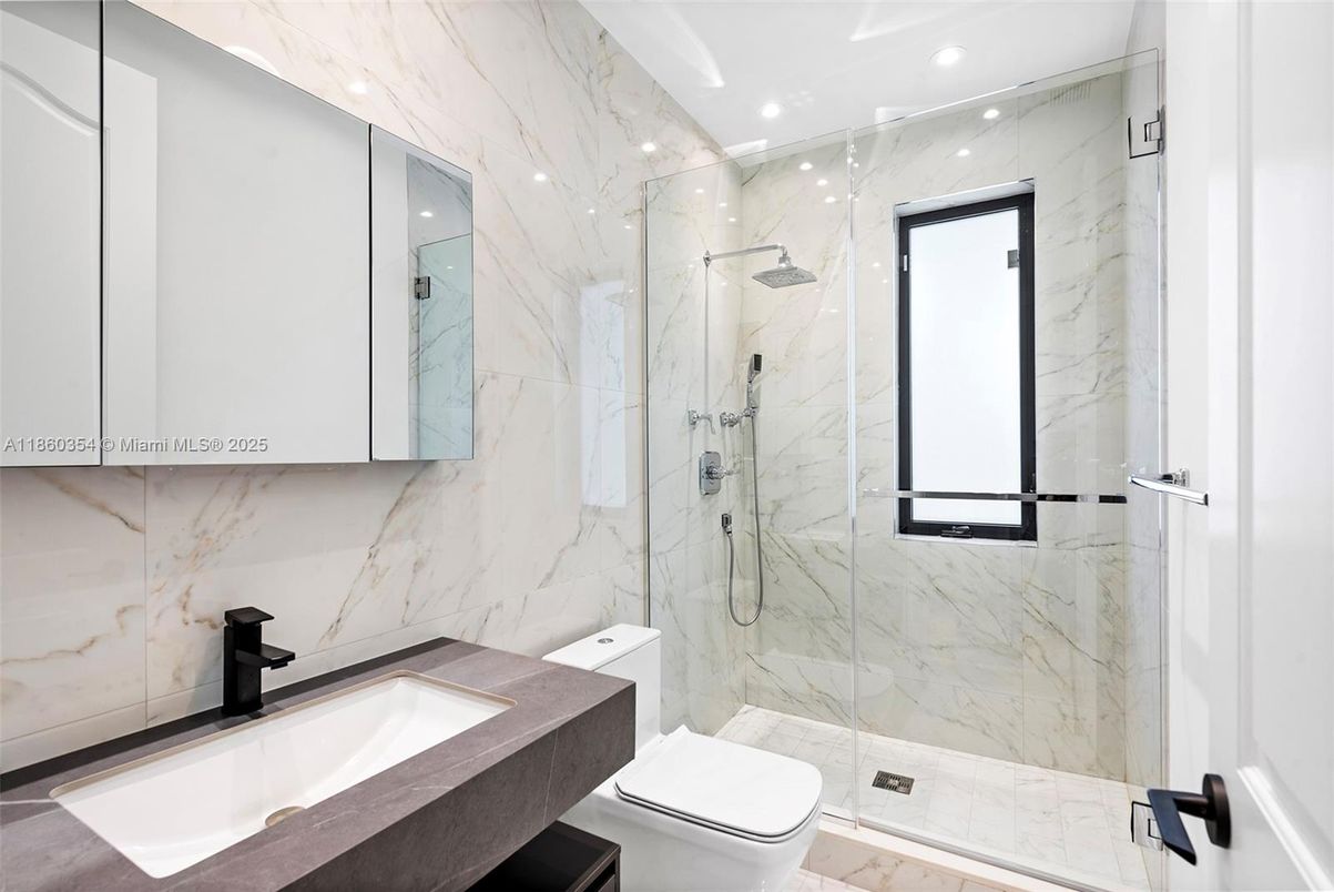 Bathroom, Glass Shower, Interior, Marble Walls, Recessed Lighting