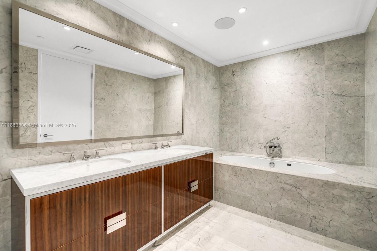 Bathroom, Dual Sink Vanities, Interior, Marble Walls, Recessed Lighting