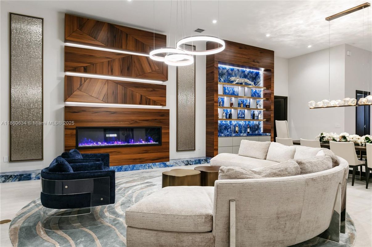 Dining room, Fireplace, Interior, Living room, Pendant Lights, Recessed Lighting, Wooden Walls