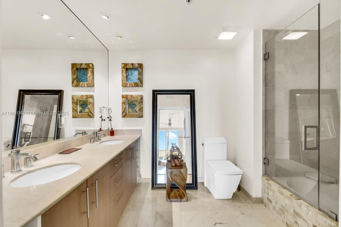 Bathroom, Dual Sink Vanities, Glass Shower, Interior, Recessed Lighting