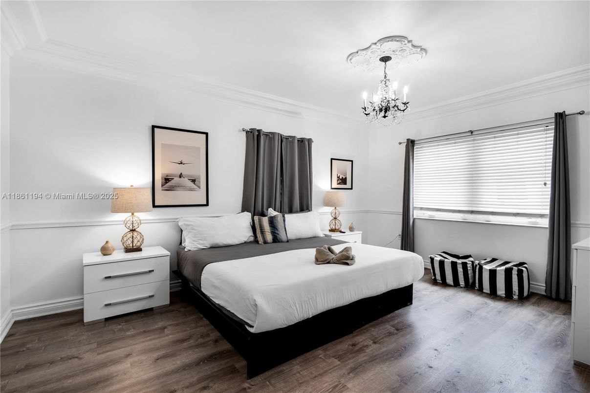 Bedroom, Chandelier, Interior, Wood Texture Flooring