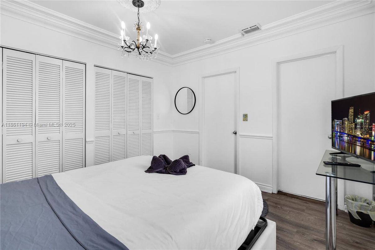 Bedroom, Chandelier, Interior, Wood Texture Flooring