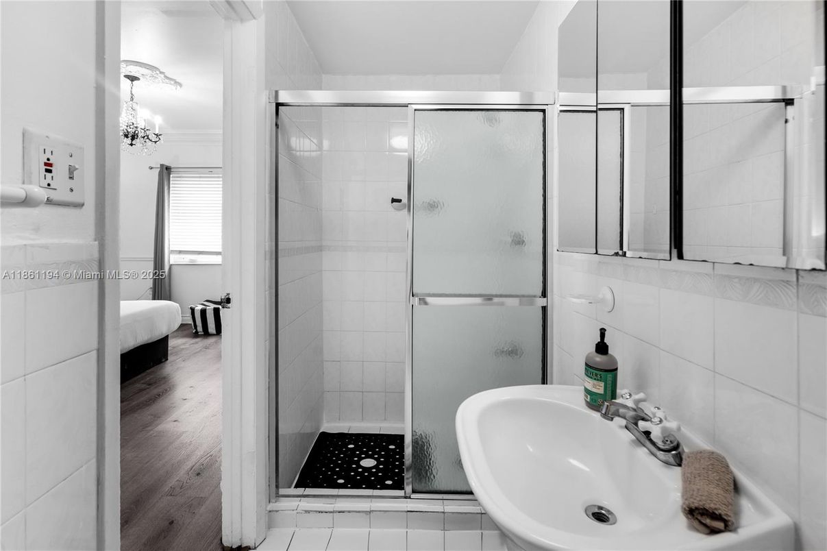 Bathroom, Chandelier, Glass Shower, Interior, Wood Texture Flooring
