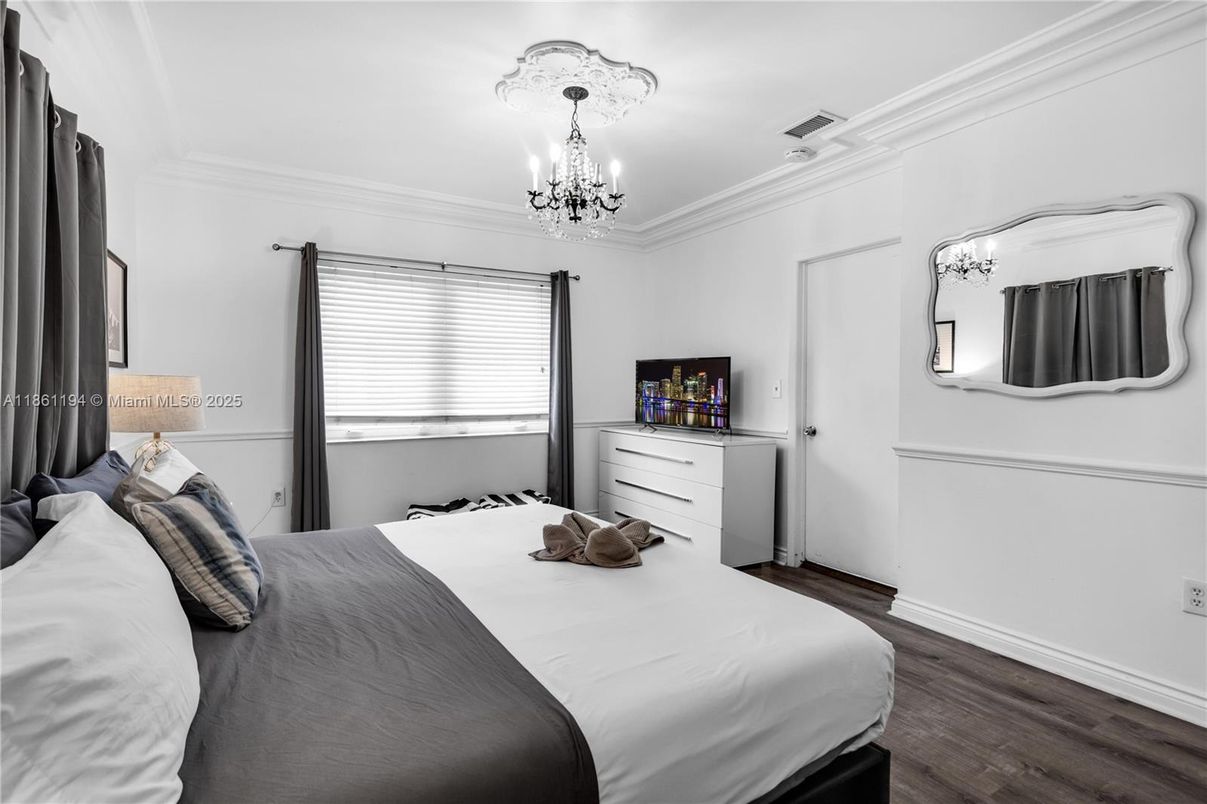 Bedroom, Chandelier, Interior, Wood Texture Flooring