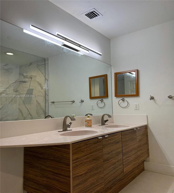 Bathroom, Dual Sink Vanities, Interior, Marble Walls, Recessed Lighting