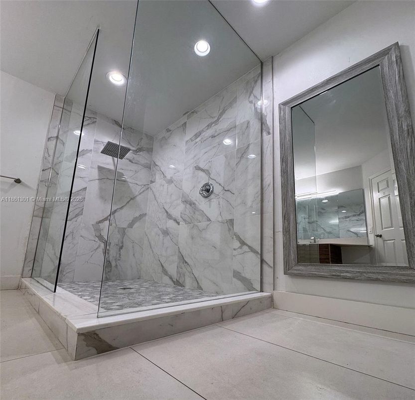 Bathroom, Glass Shower, Interior, Marble Walls, Recessed Lighting