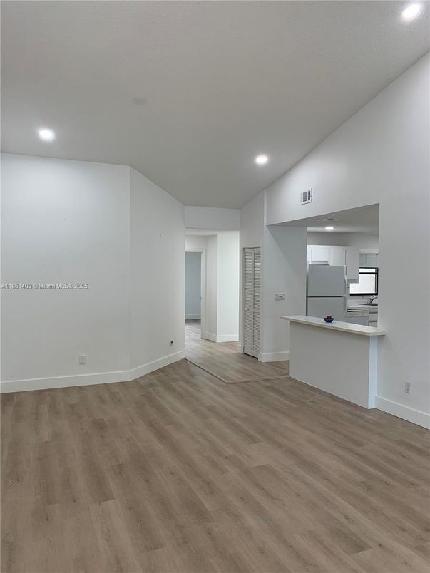 Empty room, Interior, Kitchen, Recessed Lighting, Wood Texture Flooring