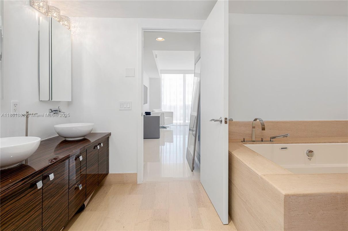 Bathroom, Dual Sink Vanities, Interior, Recessed Lighting, Wood Texture Flooring