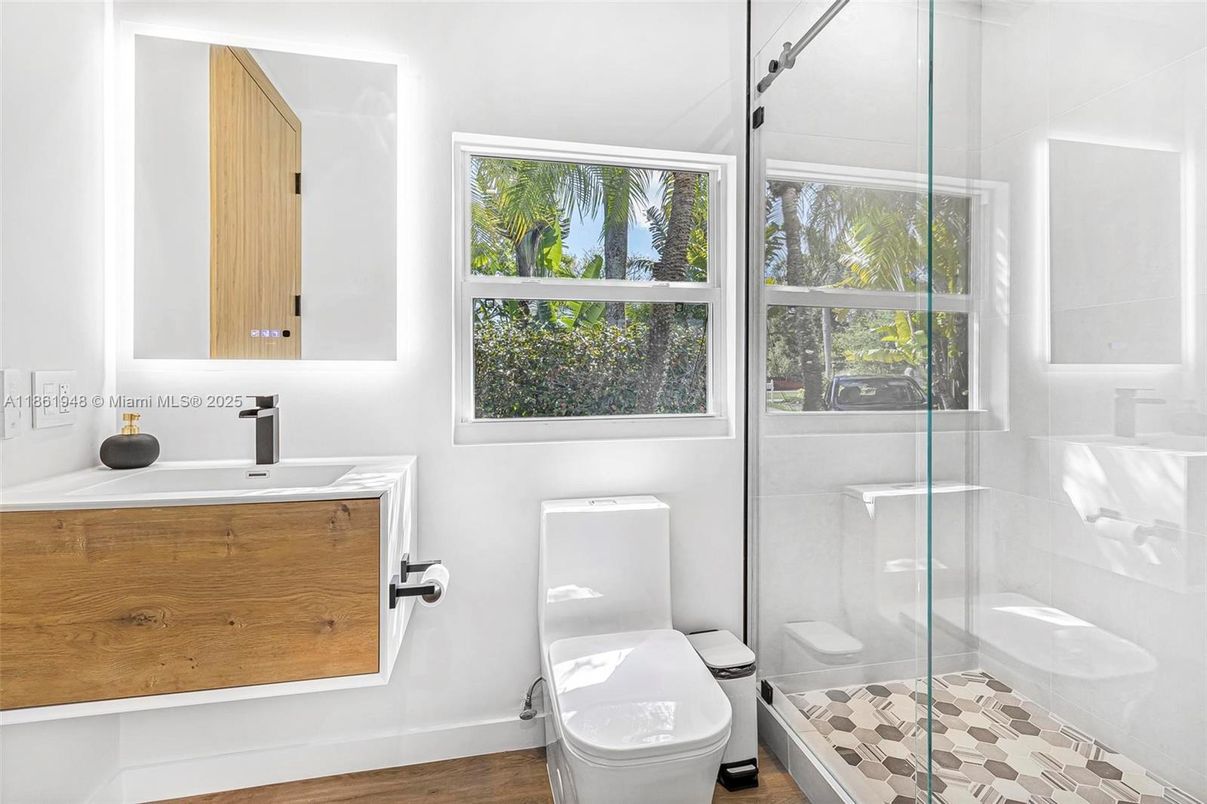 Bathroom, Glass Shower, Interior, Wood Texture Flooring