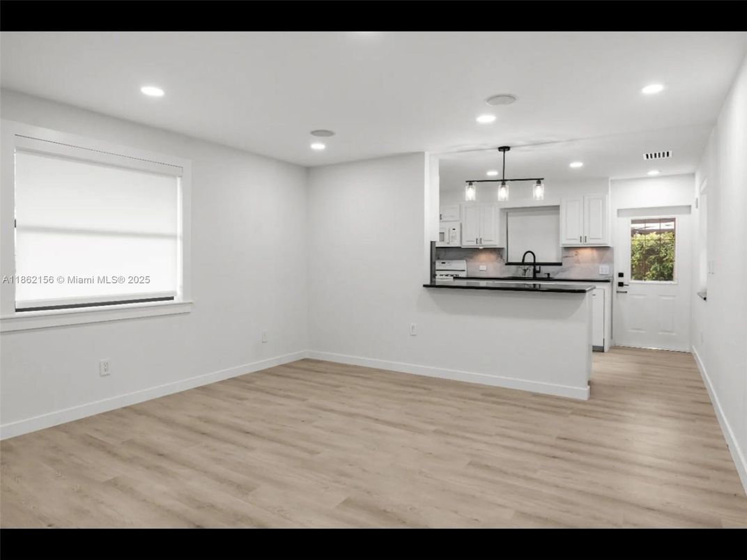 Empty room, Interior, Kitchen, Pendant Lights, Recessed Lighting, Wood Texture Flooring