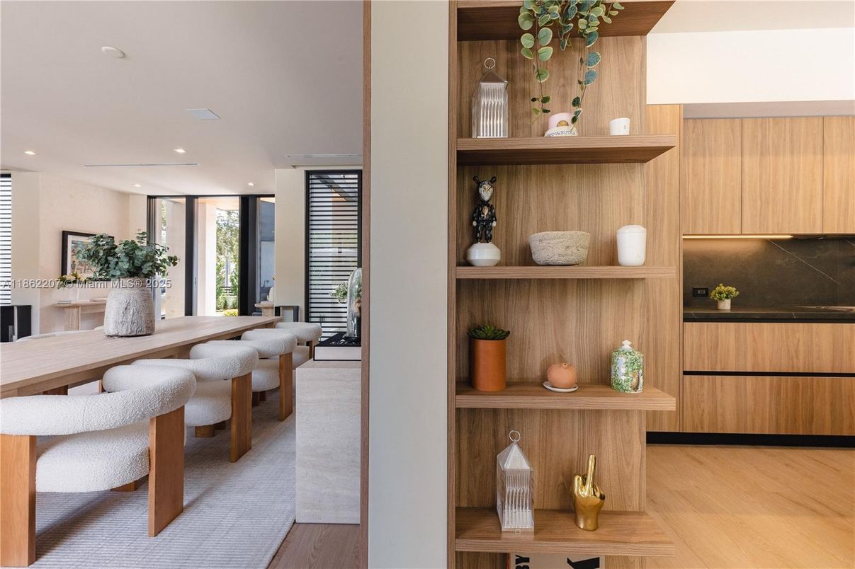 Dining room, Interior, Recessed Lighting, Wood Texture Flooring