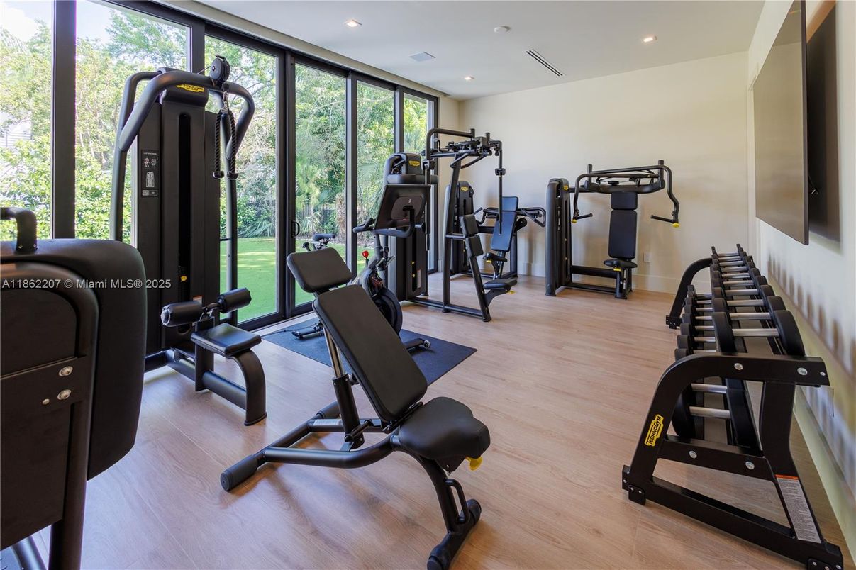 Fitness Equipment, Gym, Interior, Recessed Lighting, Wood Texture Flooring