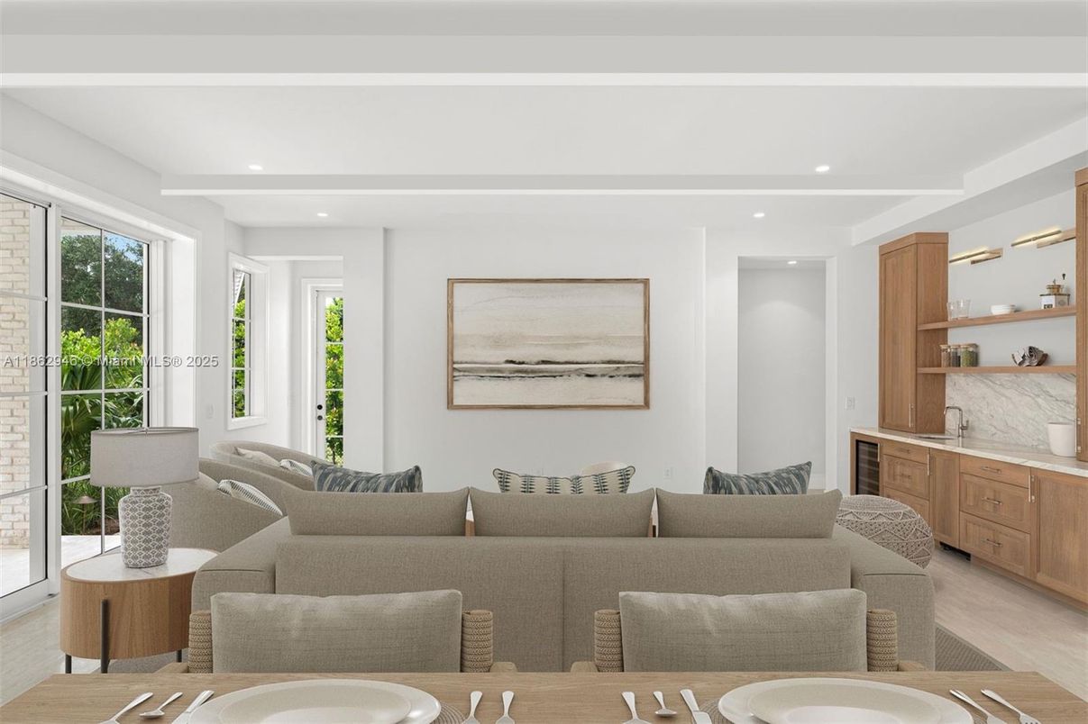 Interior, Living room, Marble Walls, Recessed Lighting, Wood Texture Flooring