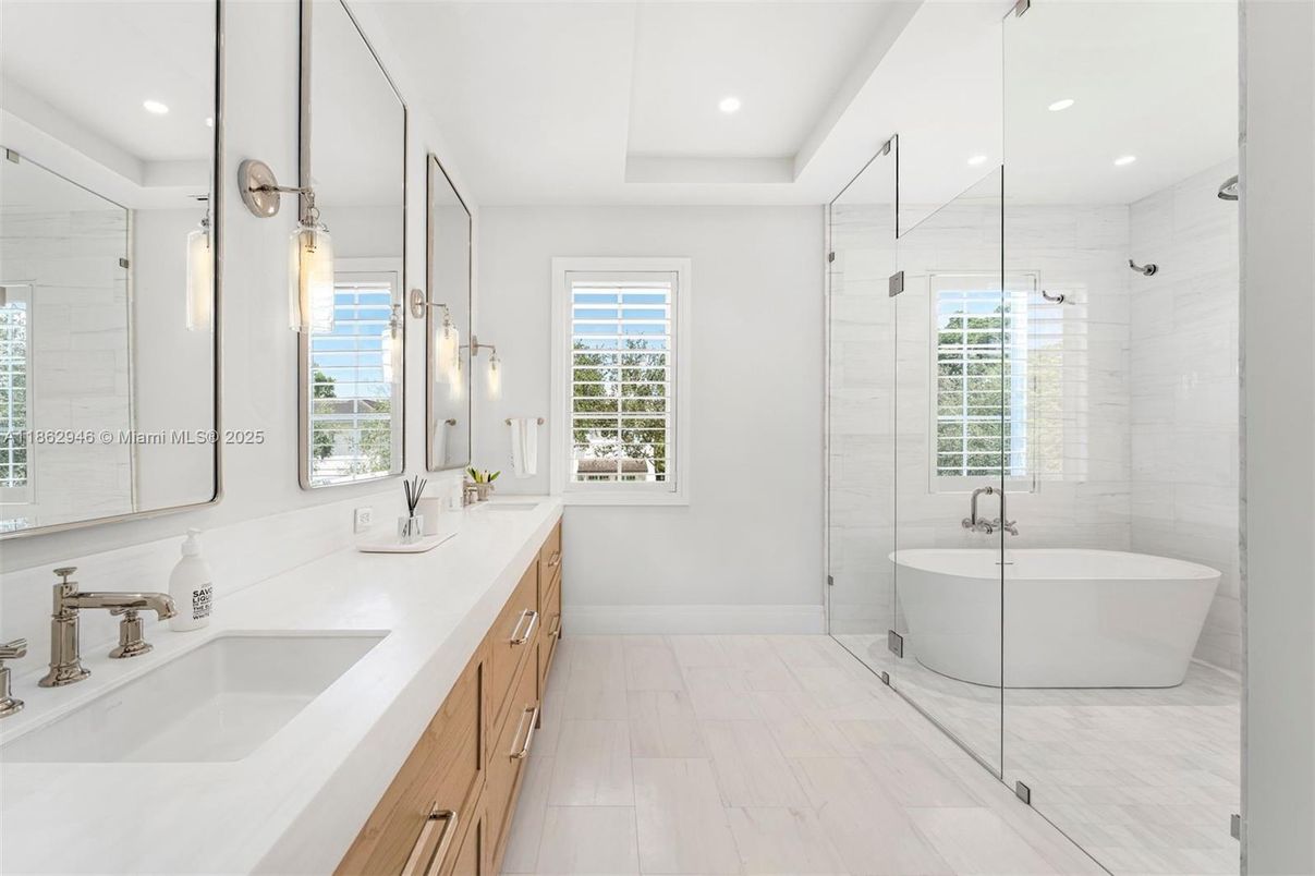 Bathroom, Dual Sink Vanities, Free Standing Baths, Glass Shower, Interior, Recessed Lighting, Wood Texture Flooring