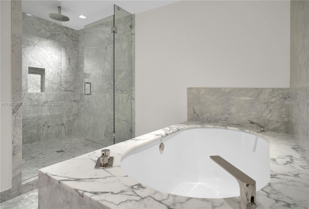 Bathroom, Glass Shower, Interior, Marble, Marble Walls, Recessed Lighting