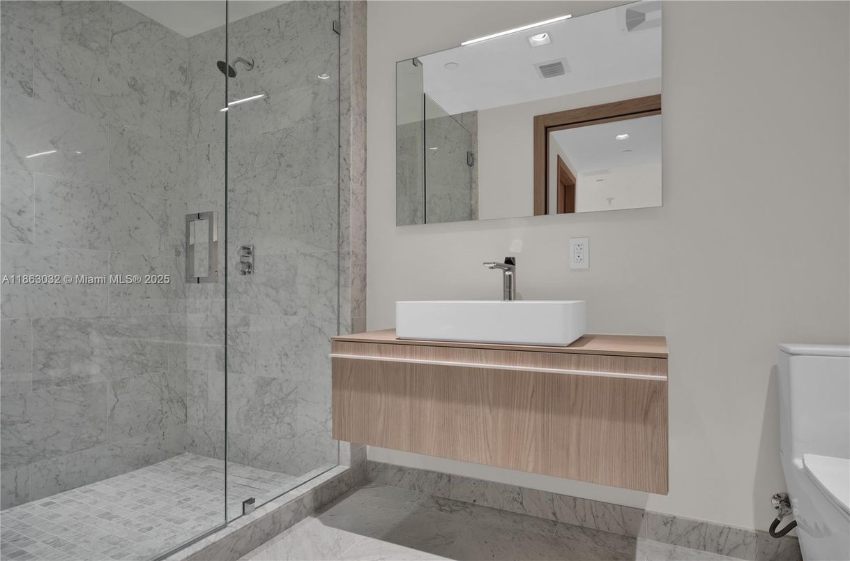 Bathroom, Glass Shower, Interior, Marble, Marble Walls, Recessed Lighting