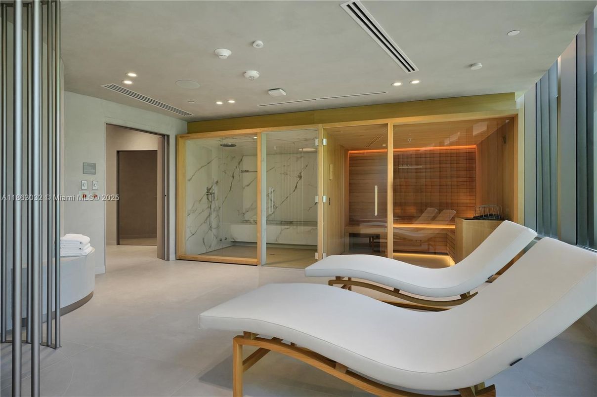 Bathroom, Glass Shower, Interior, Marble Walls, Recessed Lighting, Sauna Room