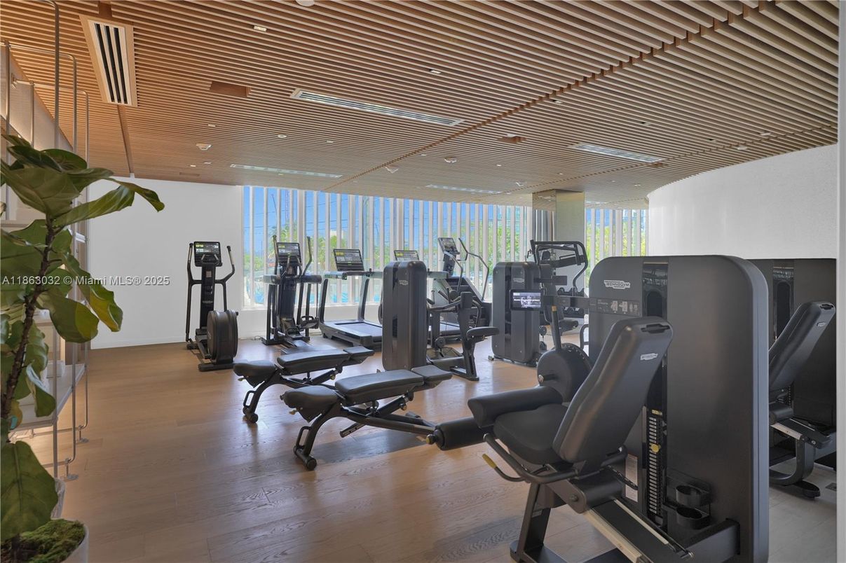 Fitness Equipment, Gym, Interior, Recessed Lighting, Wood Texture Flooring