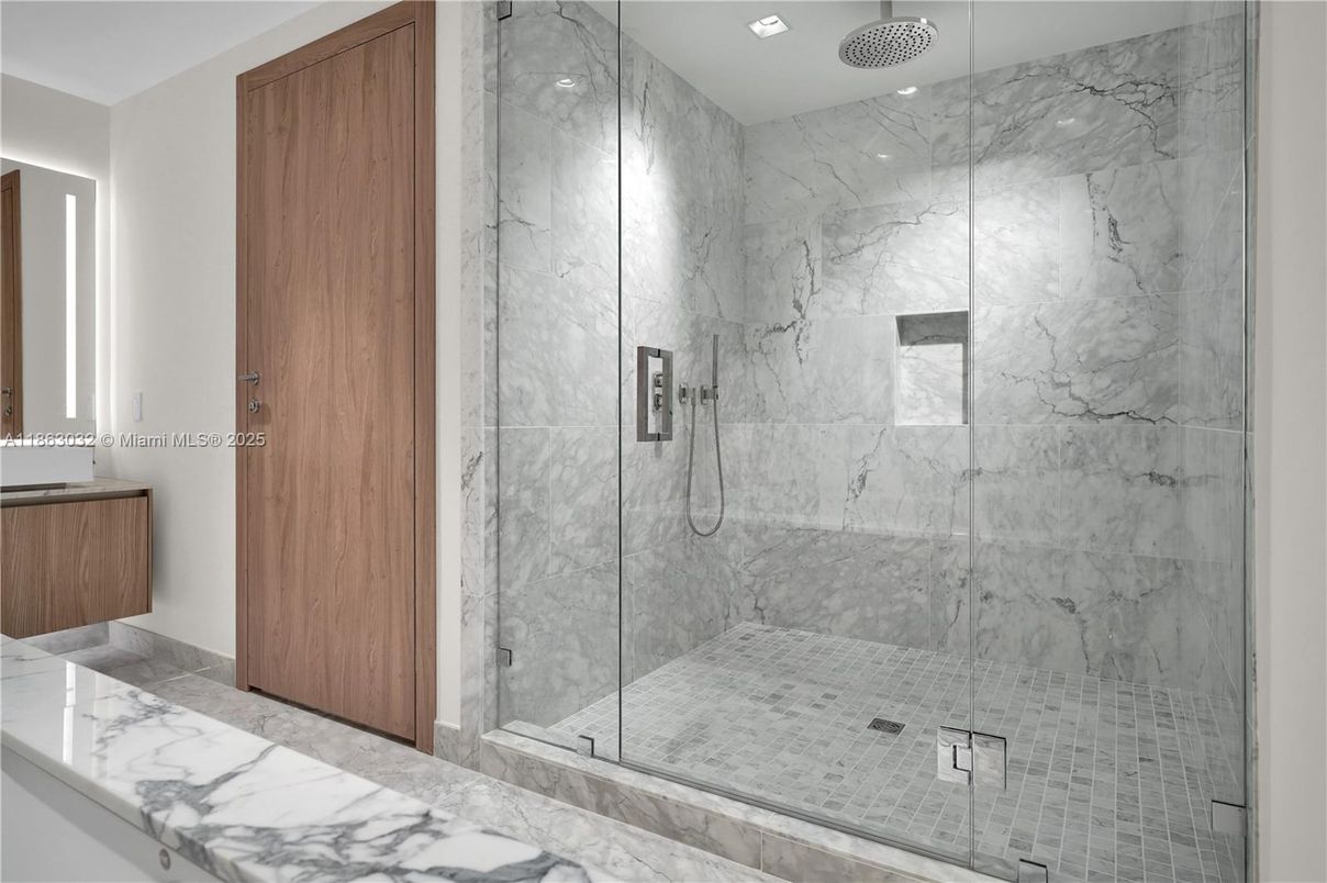 Bathroom, Glass Shower, Interior, Marble, Marble Walls, Recessed Lighting