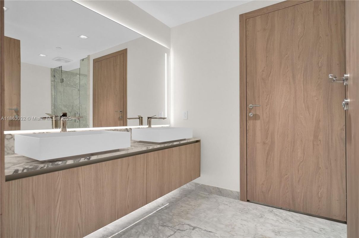 Bathroom, Dual Sink Vanities, Glass Shower, Interior, Marble, Recessed Lighting
